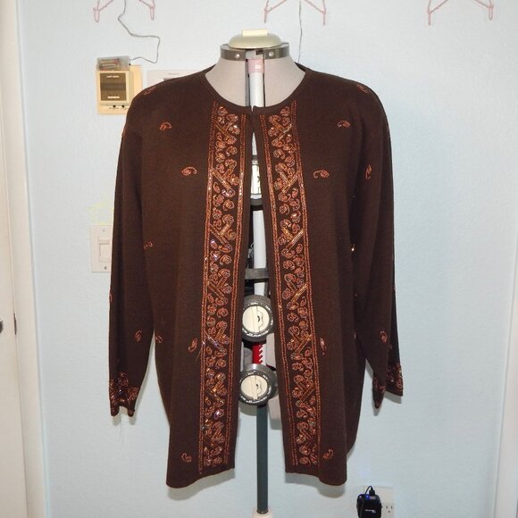 Lane Bryant Collection Plus Size 18 20 Brown Open Cardigan Sweater Beaded Knit - Picture 1 of 10